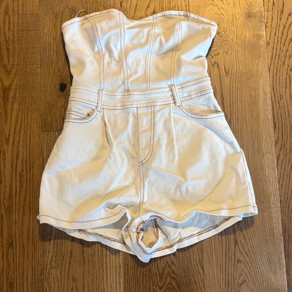 Strapless Cream Denim Romper